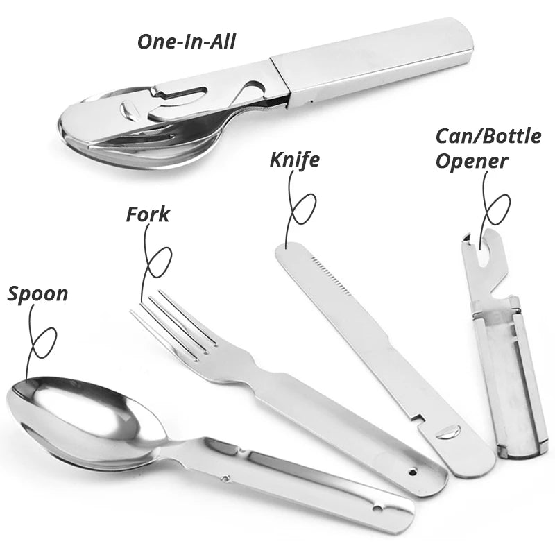 4-in-1 Portable Stainless Steel Camping Spoon, Fork, Knife and Can/Bottle Opener