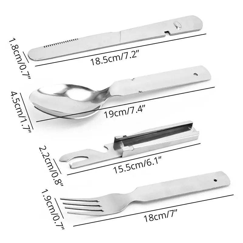 4-in-1 Portable Stainless Steel Camping Spoon, Fork, Knife and Can/Bottle Opener