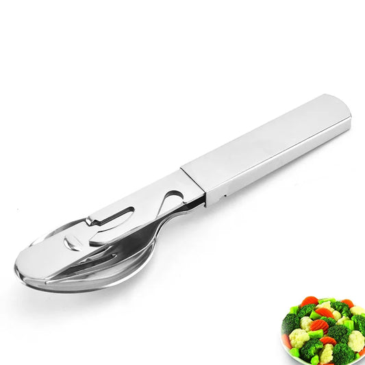 4-in-1 Portable Stainless Steel Camping Spoon, Fork, Knife and Can/Bottle Opener