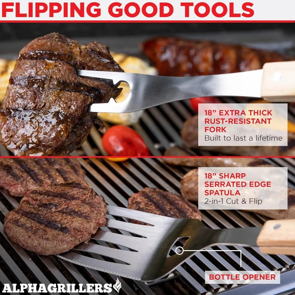 Alpha Grillers Grill Set Heavy Duty BBQ Accessories - BBQ Gifts Tool Set 4pc Grill Accessories with Spatula, Fork, Brush