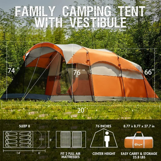 Camping Tent with Screen Porch, Portable Water Resistant Windproof Cabin Tent with Rainfly, Carry Bag for Family Camping,