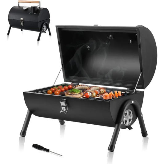 Portable Charcoal Grill, HaSteeL Small Folding Outdoor Grill, Mini Black Barbecue Grill with Thermometer, Compact Tabletop