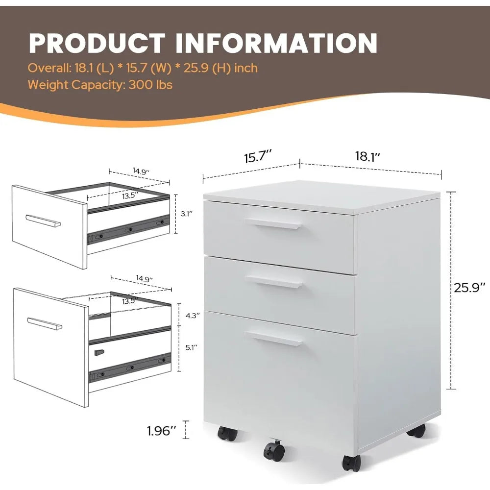 3-Drawer Rolling Vertical File Cabinet, Under Desk for Home Office