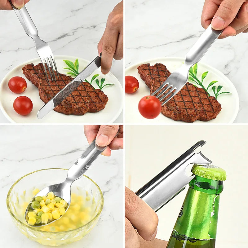 4-in-1 Portable Stainless Steel Camping Spoon, Fork, Knife and Can/Bottle Opener