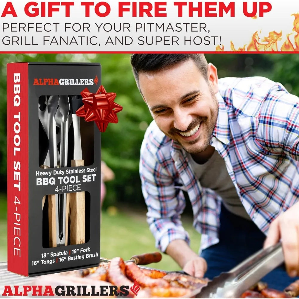 Alpha Grillers Grill Set Heavy Duty BBQ Accessories - BBQ Gifts Tool Set 4pc Grill Accessories with Spatula, Fork, Brush