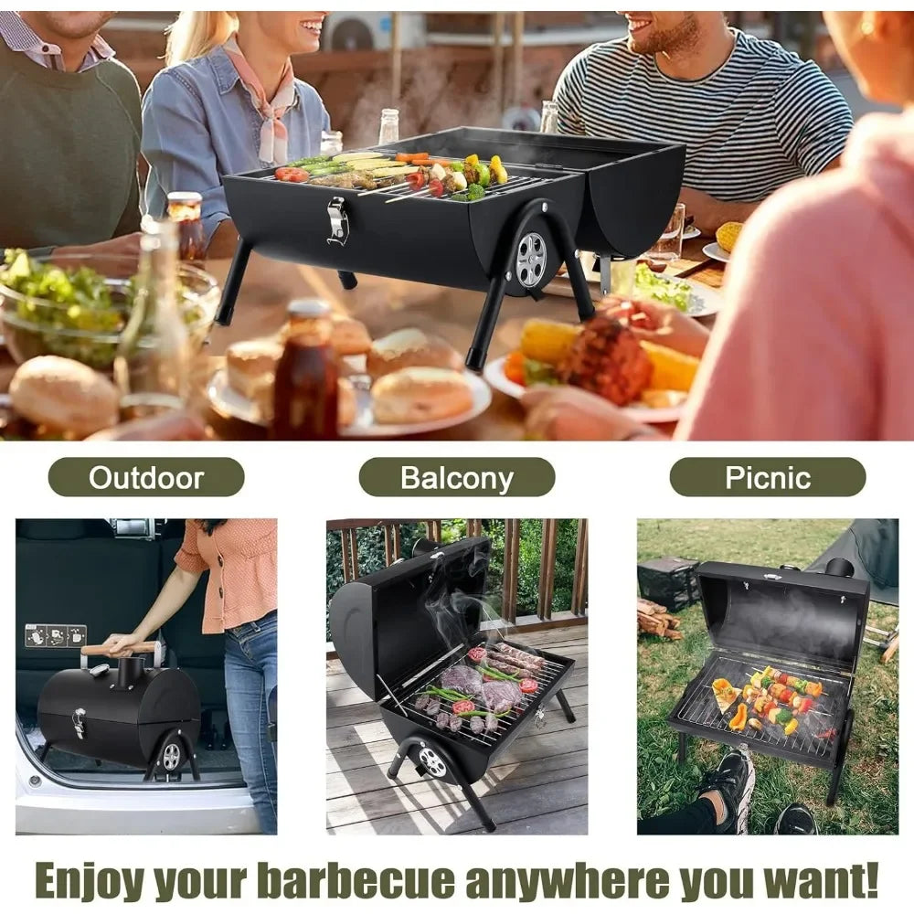 Portable Charcoal Grill, HaSteeL Small Folding Outdoor Grill, Mini Black Barbecue Grill with Thermometer, Compact Tabletop