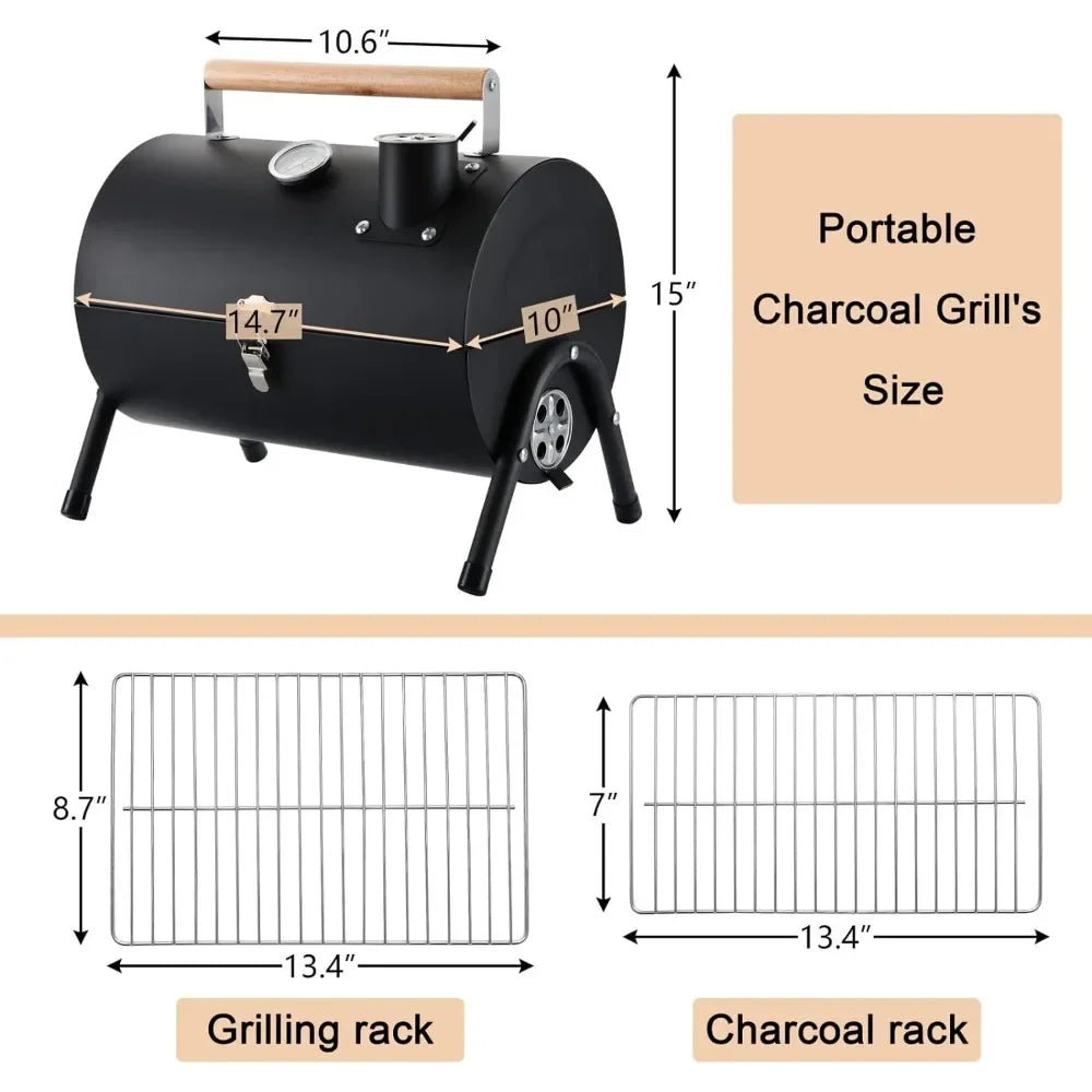 Portable Charcoal Grill, HaSteeL Small Folding Outdoor Grill, Mini Black Barbecue Grill with Thermometer, Compact Tabletop