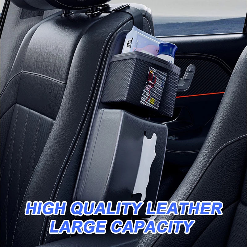 SEAMETAL Leather Car Seat Side Storage Bag Multifunctional Zipper Storage Bag with Mesh Pocket Tissue Case for Car Accessories