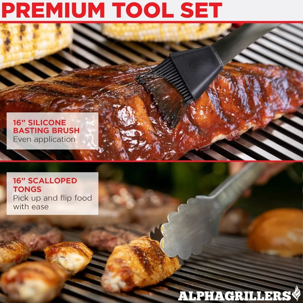 Alpha Grillers Grill Set Heavy Duty BBQ Accessories - BBQ Gifts Tool Set 4pc Grill Accessories with Spatula, Fork, Brush