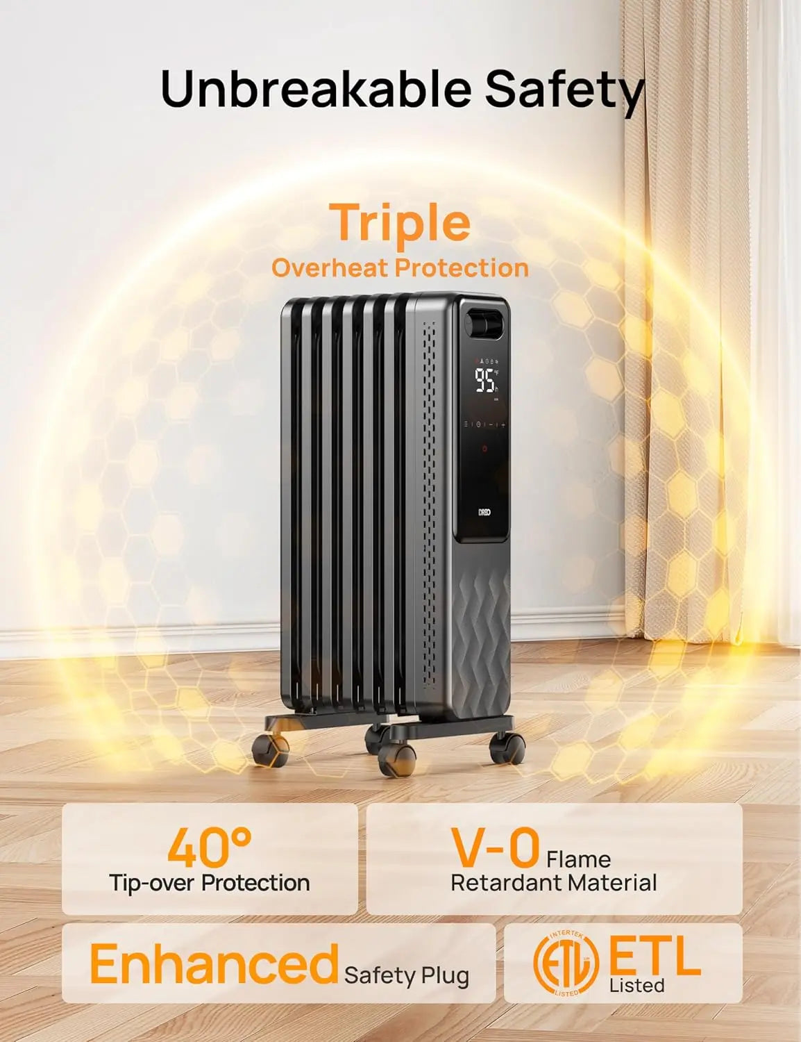 Oil Filled Radiator, Electric Radiant Heaters for indoor use Large Room with Remote Control, Child Lock, 4 Modes, Overheat