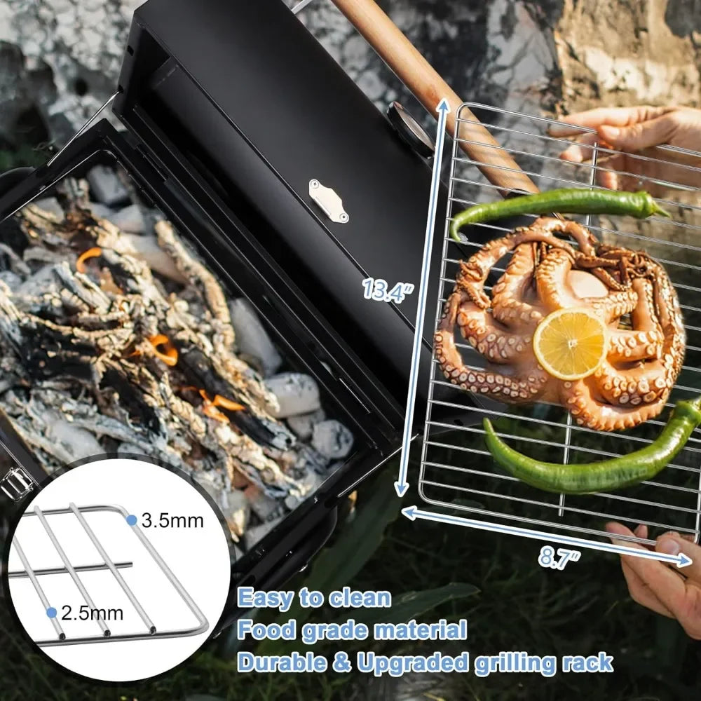 Portable Charcoal Grill, HaSteeL Small Folding Outdoor Grill, Mini Black Barbecue Grill with Thermometer, Compact Tabletop