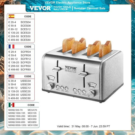 VEVOR Retro Stainless Steel Toaster 4 Slice 1625W 1.5Inch Extra Wide Slots Toaster with Removable Crumb Tray 6 Browning Level