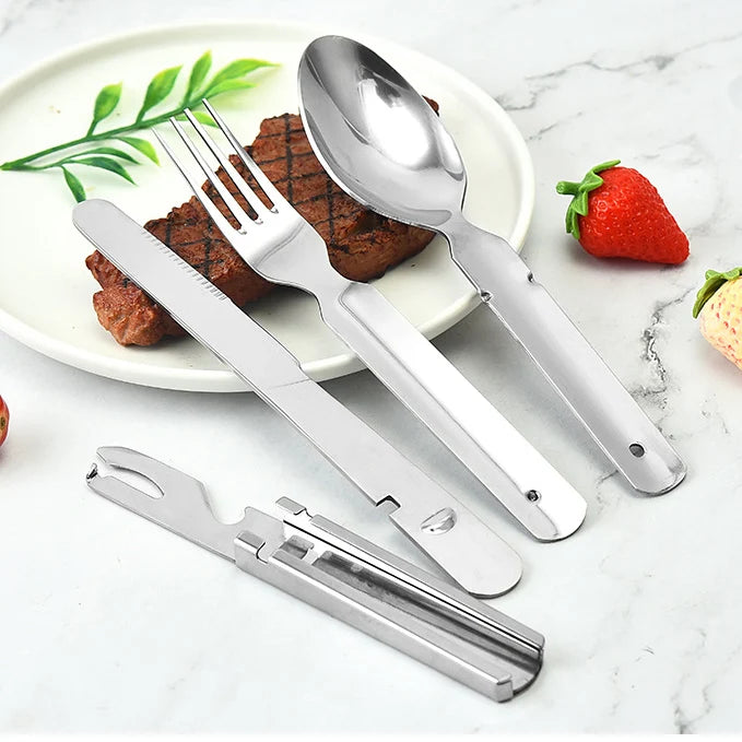 4-in-1 Portable Stainless Steel Camping Spoon, Fork, Knife and Can/Bottle Opener