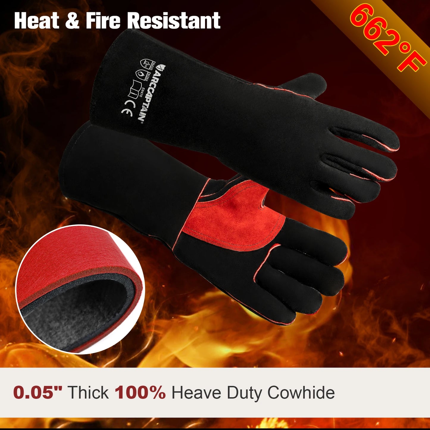 ARCCAPTAIN Welding Gloves Work Welder's Cowskin Leather Barbecue Glove Grill BBQ Garden Protective Heat Resistant Long Sleeve