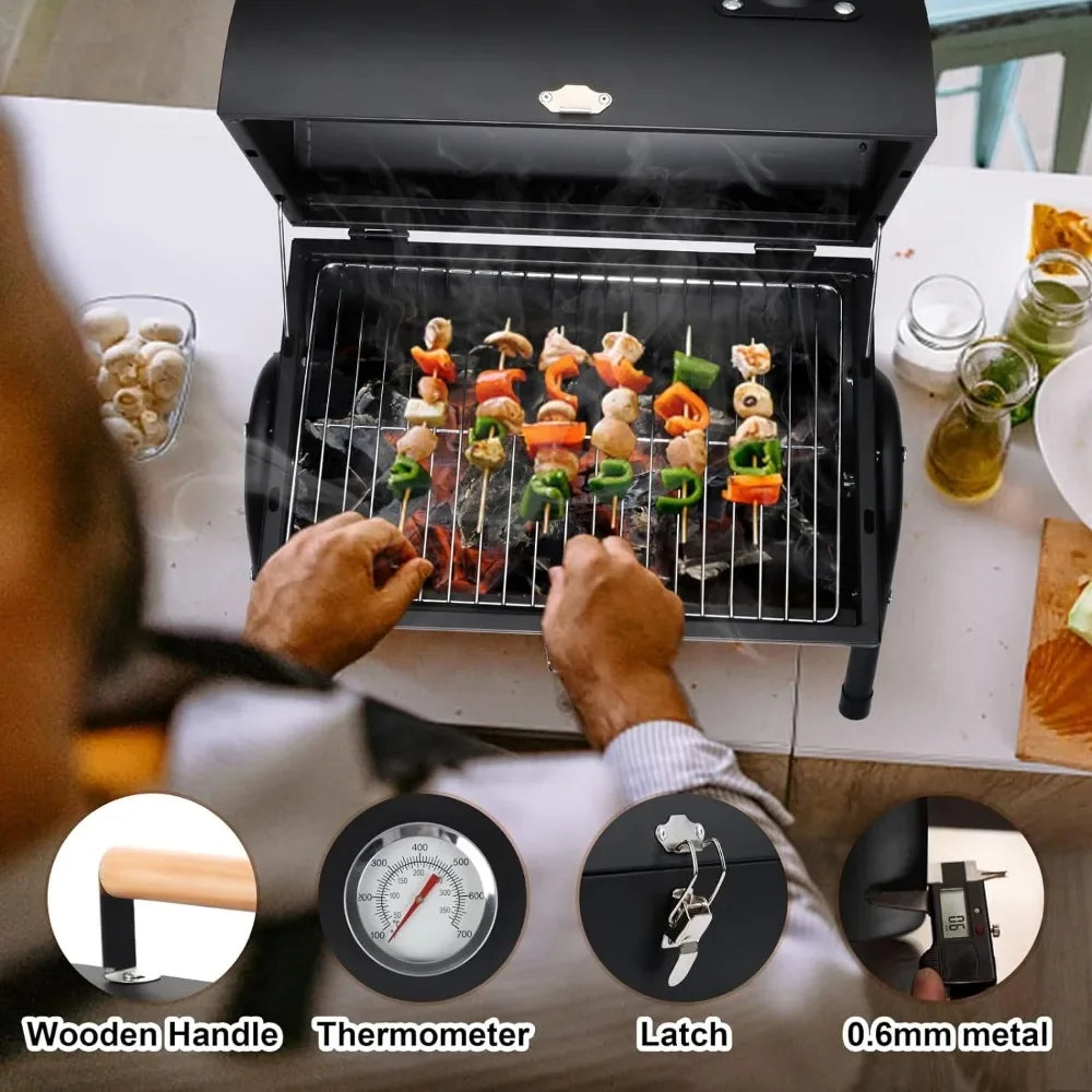 Portable Charcoal Grill, HaSteeL Small Folding Outdoor Grill, Mini Black Barbecue Grill with Thermometer, Compact Tabletop