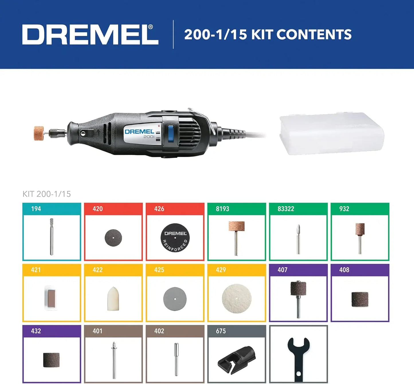 200-1/15 Two-Speed Rotary Tool Kit with 1 Attachment 15 Accessories - Hobby Drill, Woodworking Carving Tool, Glass Etcher