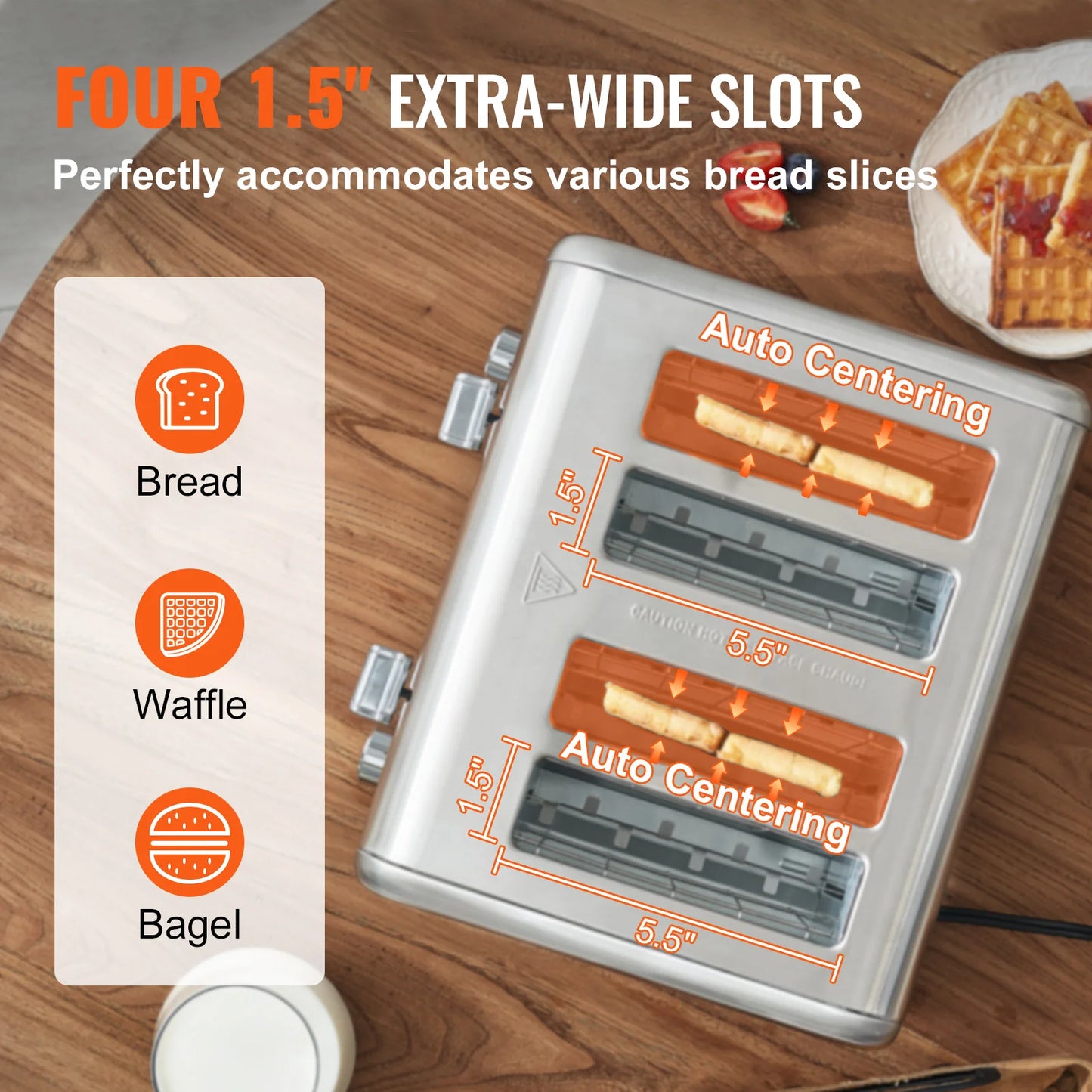 VEVOR Retro Stainless Steel Toaster 4 Slice 1625W 1.5Inch Extra Wide Slots Toaster with Removable Crumb Tray 6 Browning Level